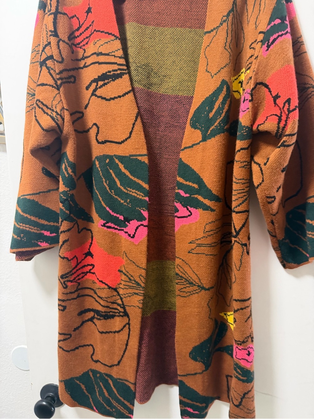 Open-Front Floral Jacquard Cardigan Sweater — Rust Multi